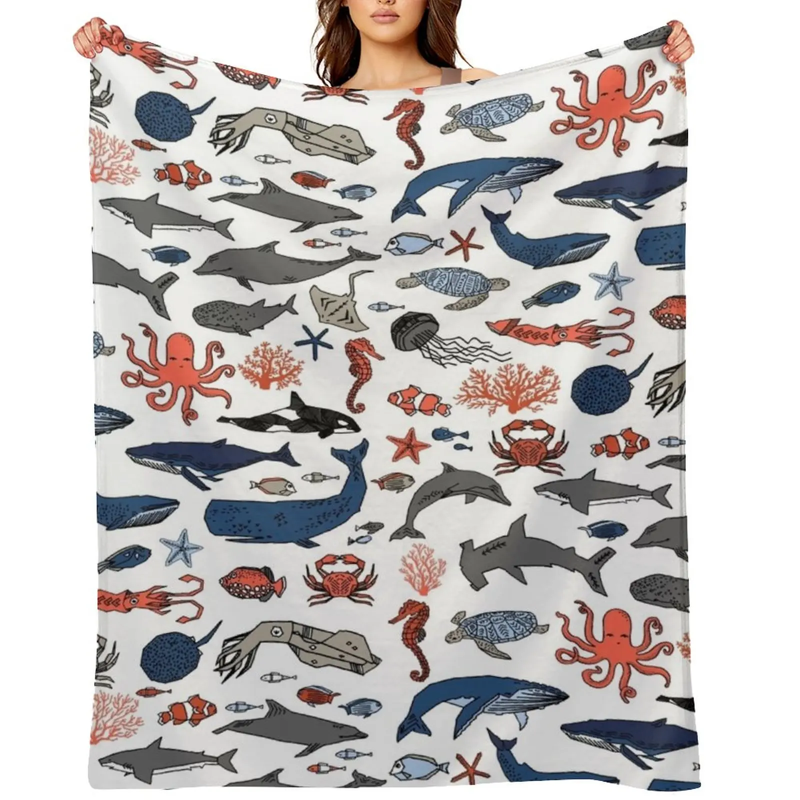 

Ocean Animals by Andrea Lauren Throw Blanket Loose Bed Furry Vintage Blankets