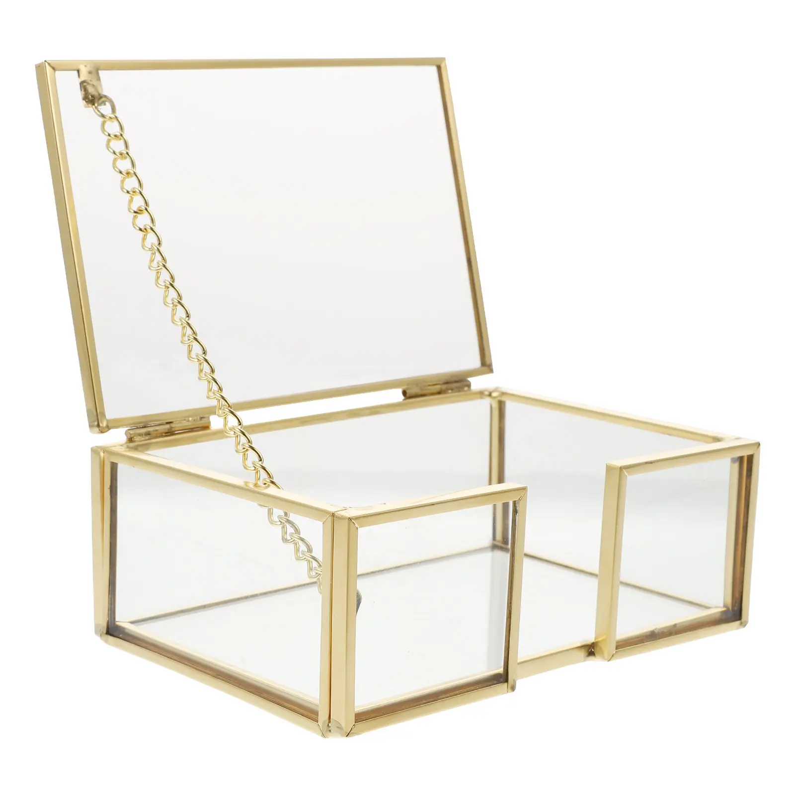 

1Pcs Metal Business Card Box Copper Frame Glass Storage Case Transparent Desktop Organizer Pencil Holder Name Pictures Display