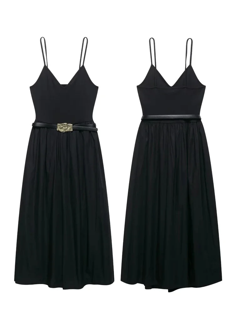 여성용 매칭 벨트 민소매 시스 드레스 기질 우아한 패치 워크 디자인 브이넥 미디 드레스 캐주얼 홀리데이 스타일 여성용