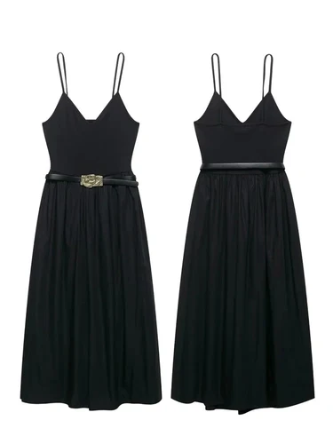 Imagen 1 del producto Vestido sin mangas con cinturón a juego Temperamento Elegante diseño patchwork Cuello en V Vestido Midi Casual Estilo Vacaciones Mujer