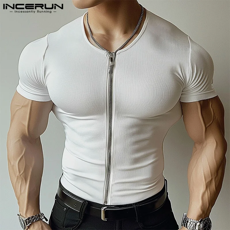 INCERUN Tops 2025, Amerikanischen Stil, Mode, Neue männer Solide Textur Zipper Design T-shirt Casual Einfache Männliche Kurzarm Camiseta