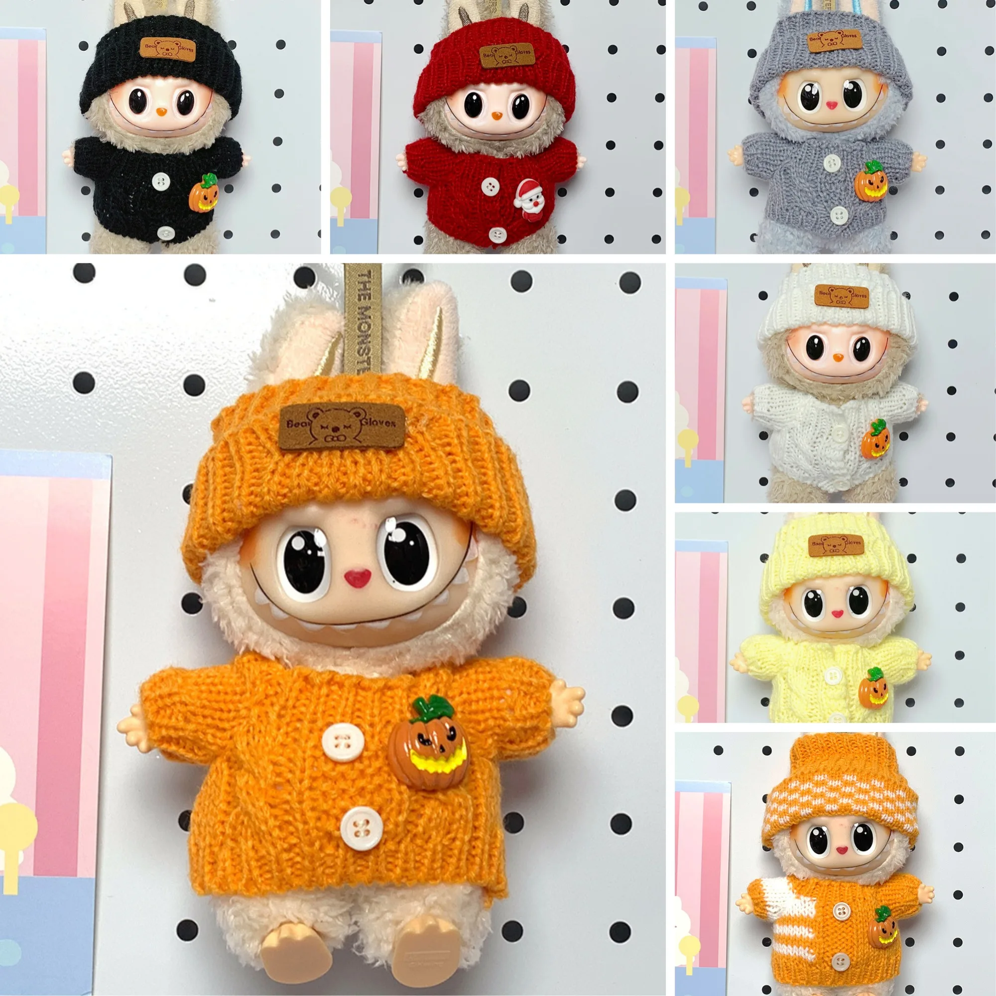 

15/17cm Cute Labubu 1st 2nd 3rd Gen Dolls Halloween Outfit Sets Pumpkin Smile Decorated Multicolor Button Knit Sweaters