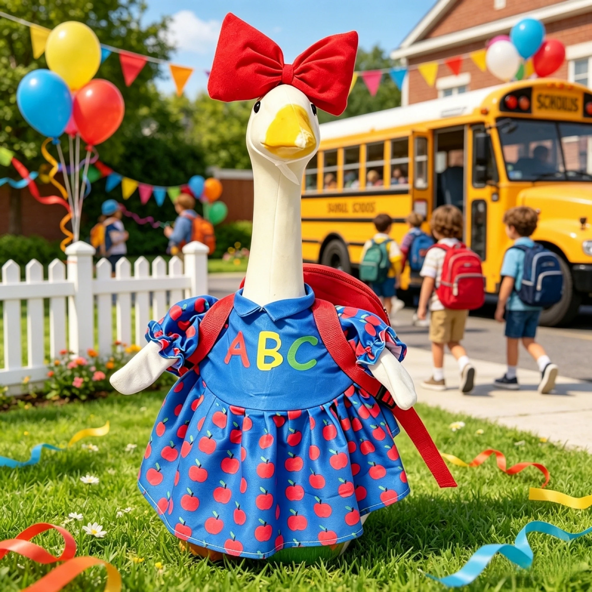 Back To School Porch Goose Outfit 23Inch Goose Clothes Letter Apple Print Dress Backpack and Bow Headband 3 Pcs Set