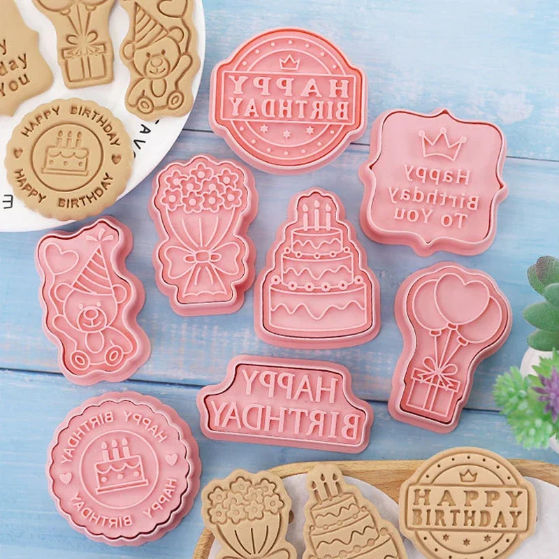 8Pcs/set Happy Birthday Theme Cookie Cutter Cake Bear Flower Biscuit Mold Cookie Stamp Baking Pastry Bakeware for Birthday Party