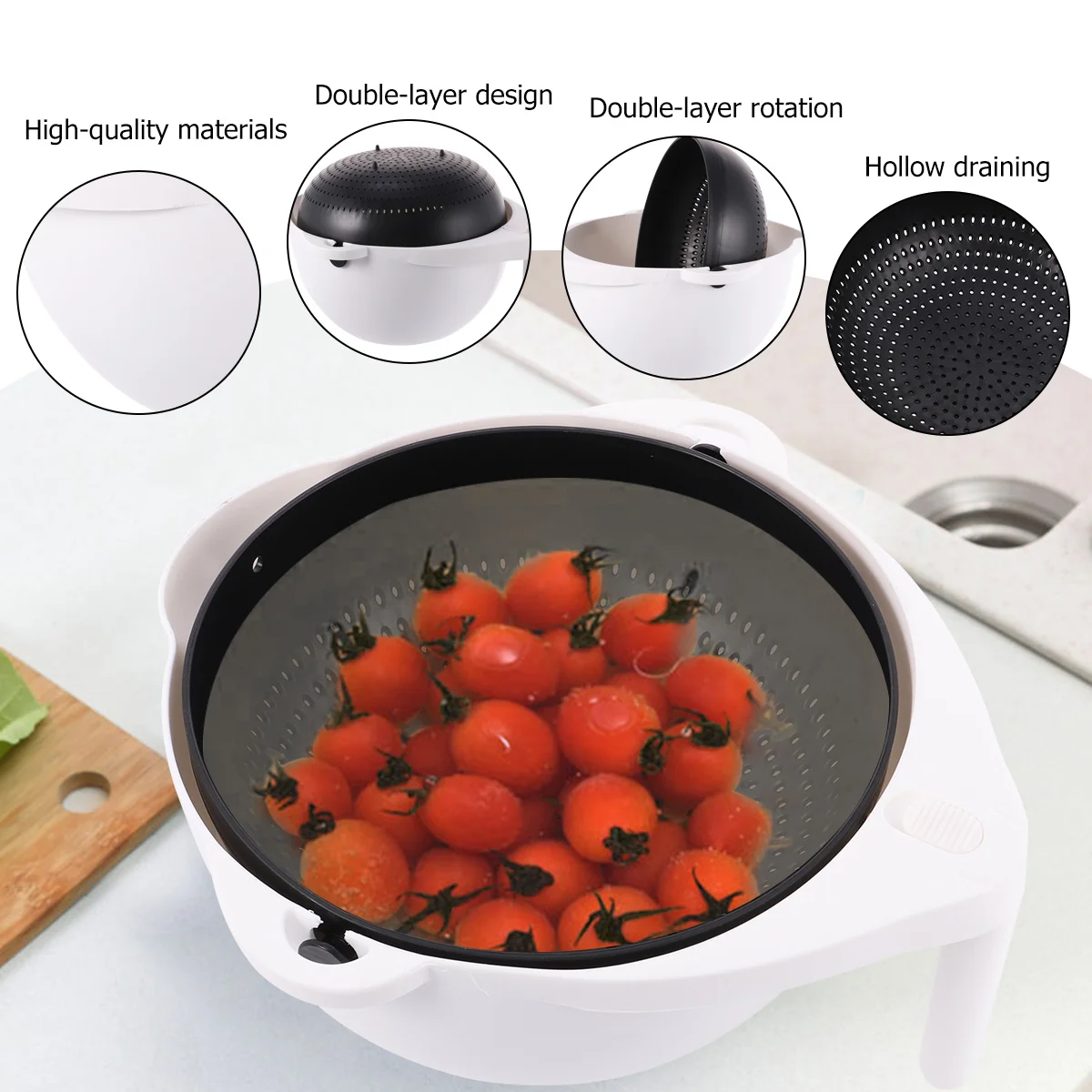 

Black White Double Color Round Kitchen Basket Vegetable Fruits Storage Safe Practical Multifunction Containers