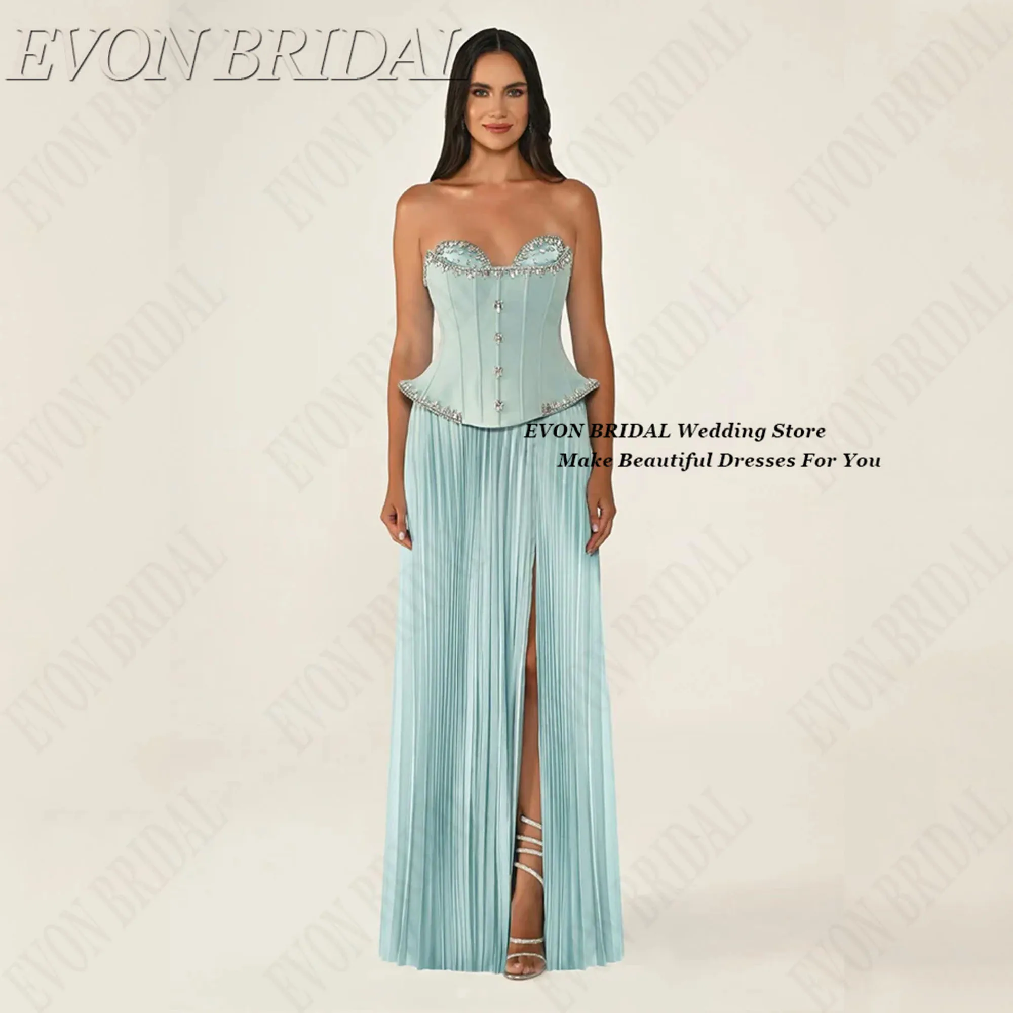 Customized Women's Pleats Evening Dress Attractive Sweetheart Prom Gowns Rhinestones Saudi Arabric Dubai Party Gowns EVON BRIDAL