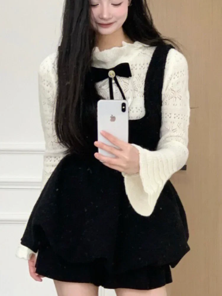 

2025 Summer Sweet Two Piece Set for Women Long Sleeve White Shirts + Y2k Mini Dress Female Kawaii Clothing Korean Fashion Suits
