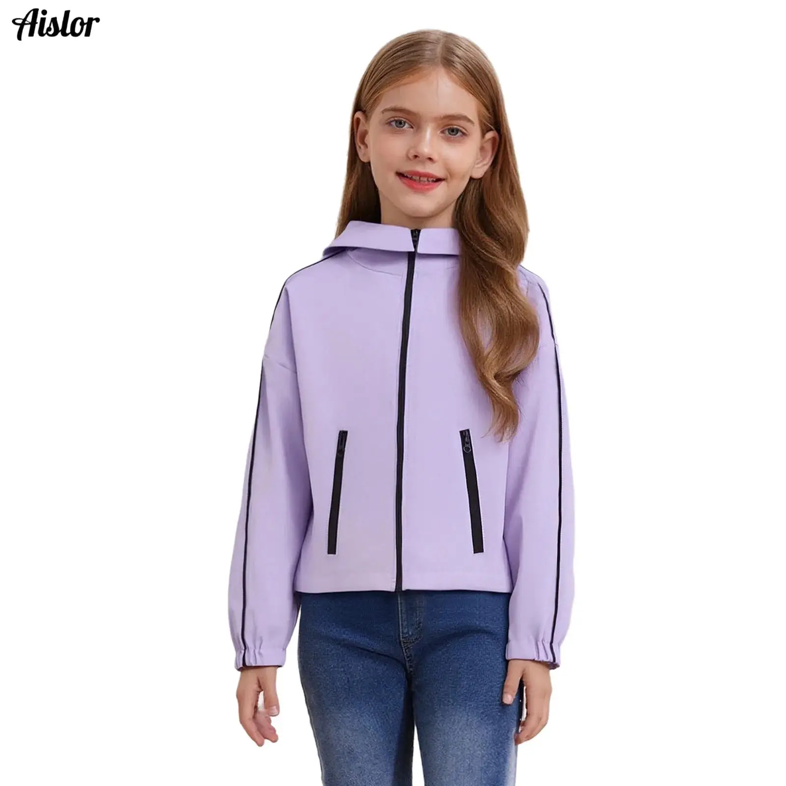 

Kids Girls Boys Water Resistant Hooded Jacket Long Sleeve Zipper Coat Sportswear Lightweight Outdoor Raincoat with Pockets