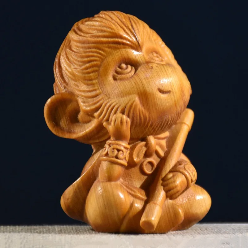 Sandalwood Carving Cartoon Version Sun Wukong S Meditation For The Great Sage Of Qi Tian Solid Wood Handheld Items Home Gift