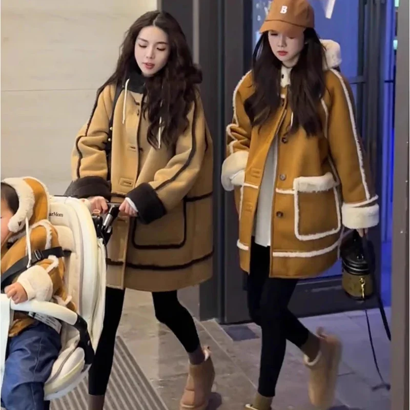 

Fashion Lamb Fur Coat Women's Coat Plus Size Fleece-lined Thickened Hooded Suede Mid-Long Autumn and Winter New