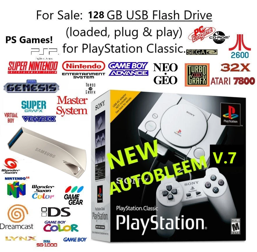 128 GB Flash Drive U-Disk for PlayStation Classic 8379 Games + 182 PS1 Games Plug & Play with Micro USB OTG Cable