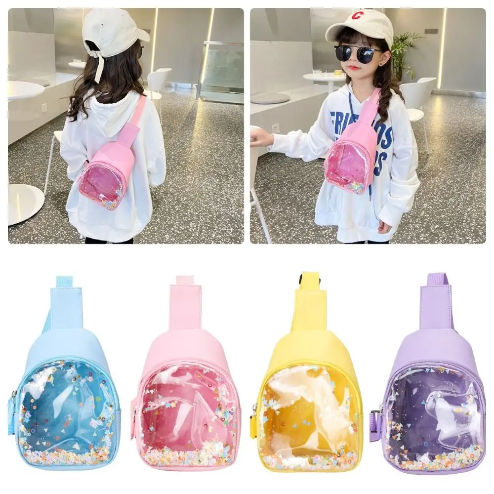 Fashion Transparent Crossbody Bag PU Leather Solid Color Shoulder Bag Lightweight Flowing Sand Chest Bags Children