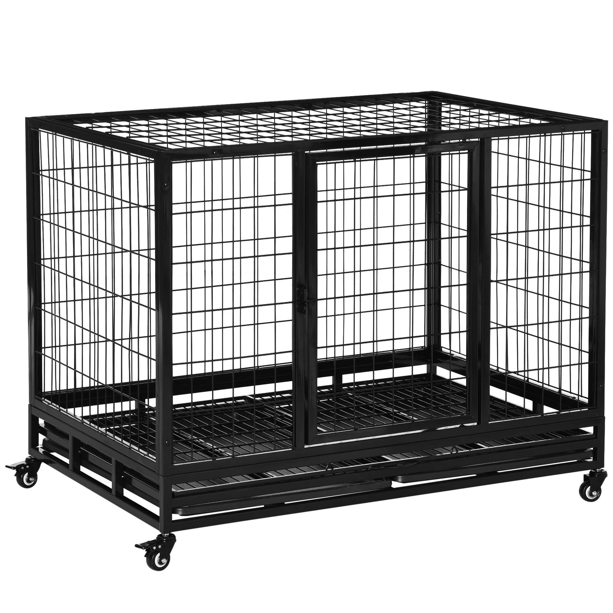 Pawhut Metalen Hondenkooi Met Wielen Met Verwijderbaar Dienblad 92X62X75Cm
