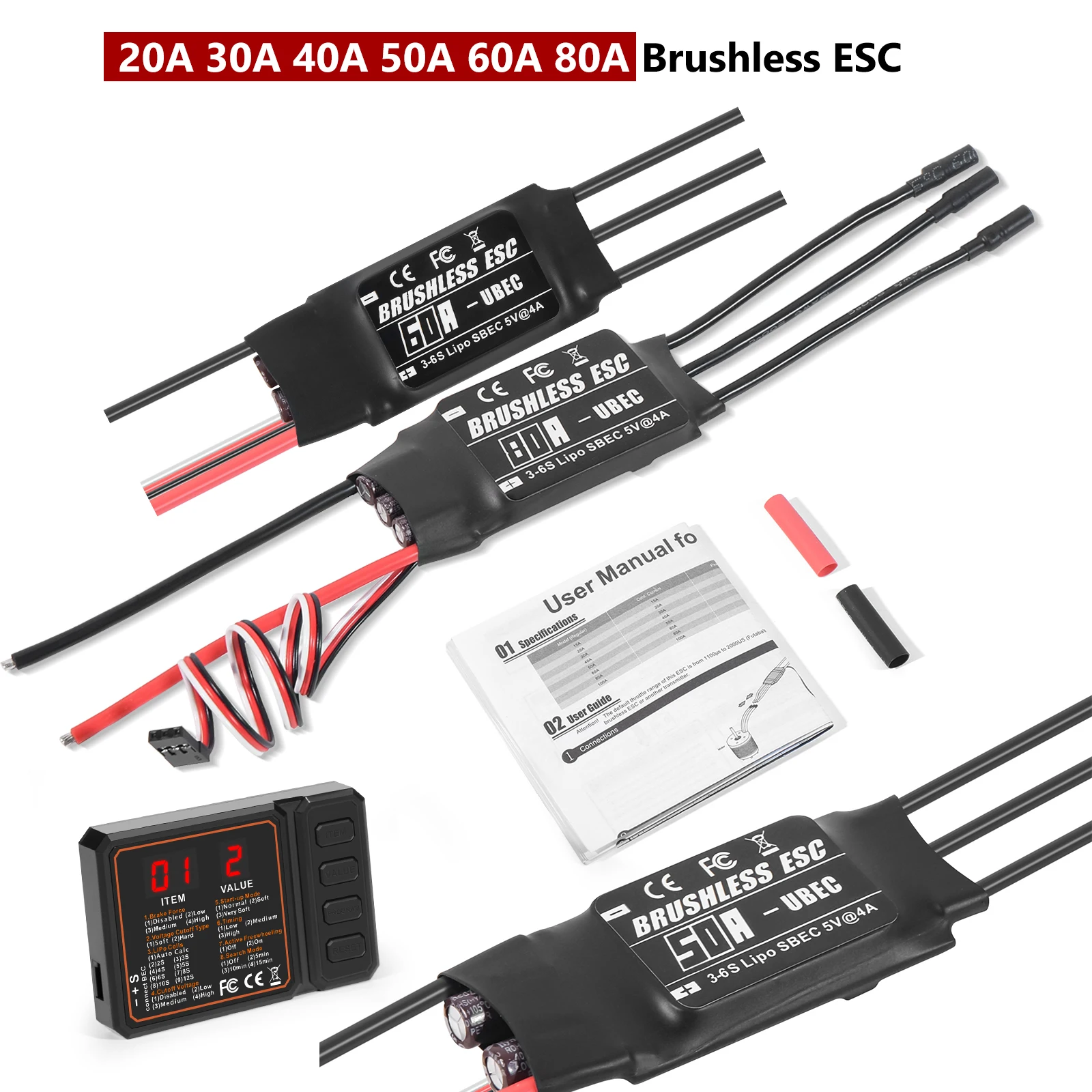 20A 30A 40A 50A 60A 80A Brushless ESC with UBEC 2-6S Speed Controller Program Card for RC Fixed-wing Drone Helicopter Airplane