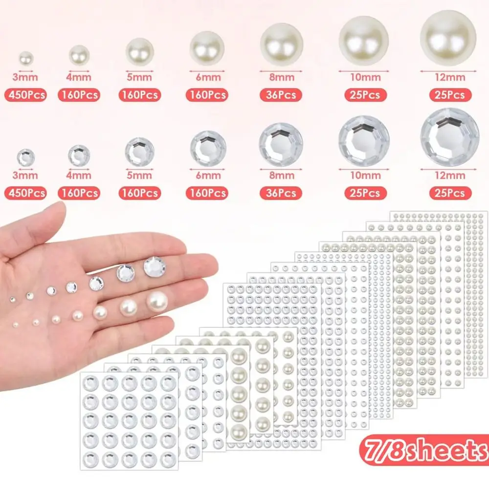 Fashion Pearl Rhinestones Stickers 3-12mm 6/7 Sheet Body Art Jewelry Stickers Disposable DIY Eyeliner Diamond Decals