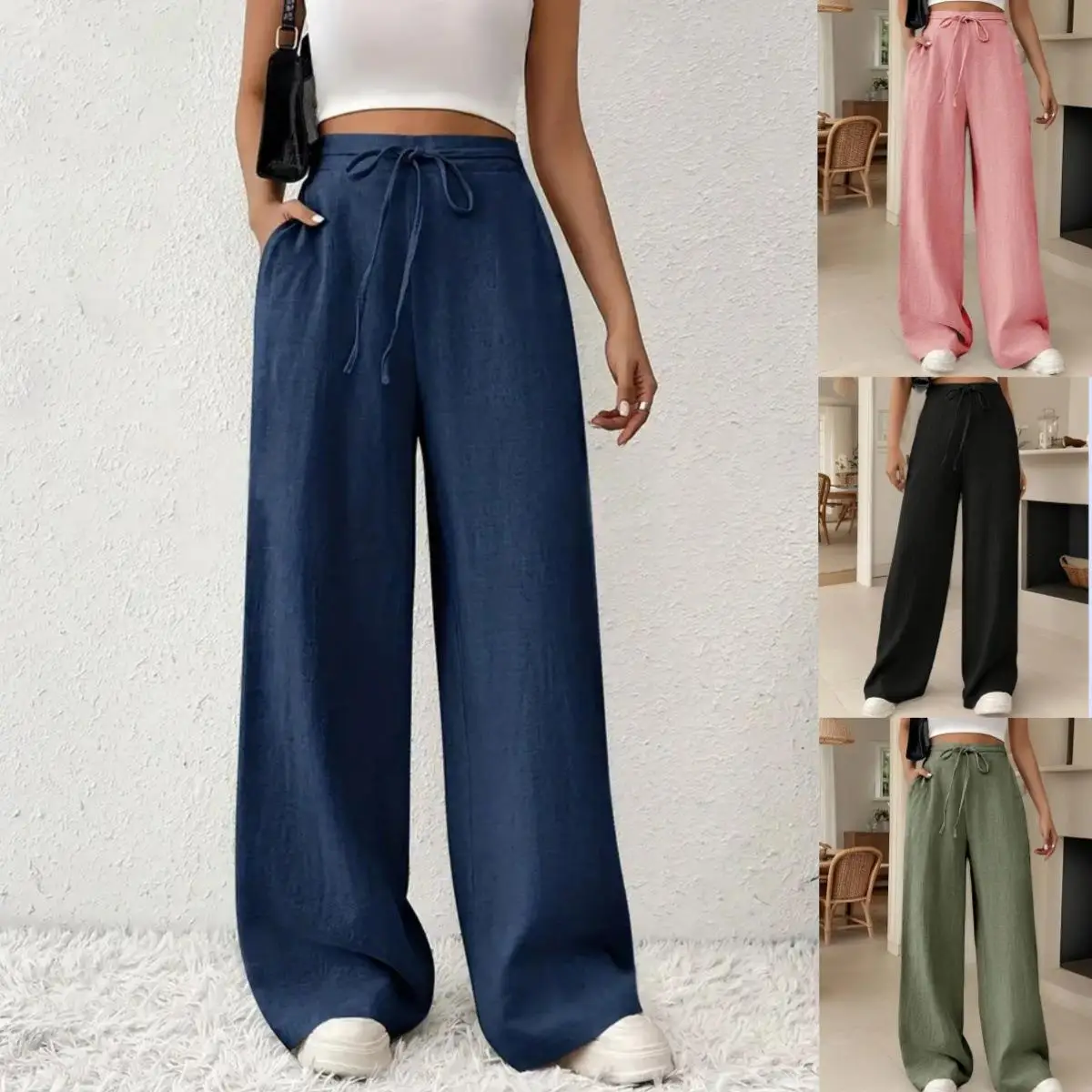 

Women's Long Collar Cardigan Sweater European Style Wide Leg Pants Natural Waist Color Mid-Year Winter Collection