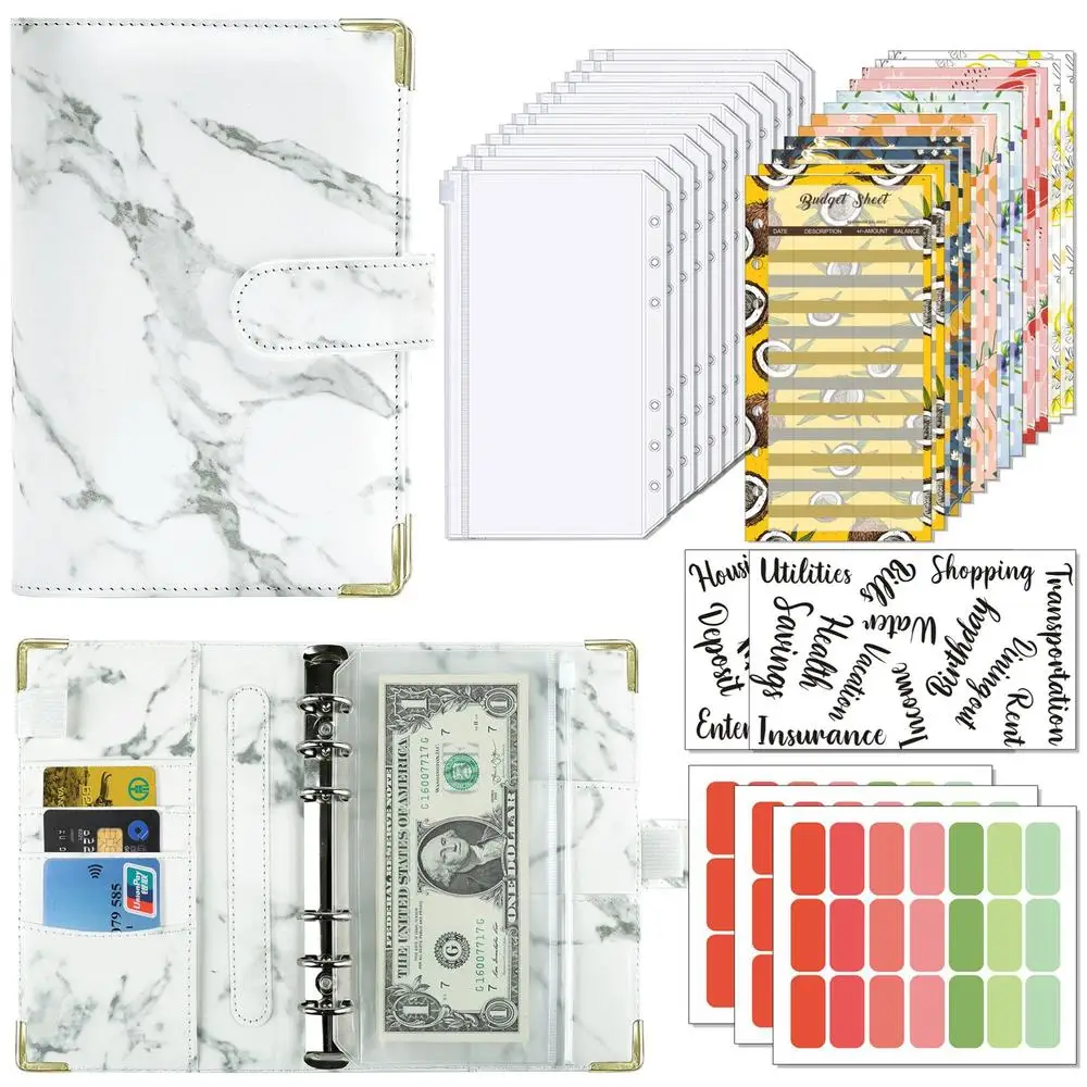 Marble Leather Budget Binder Cash Envelope System With Expense Budget Sheets&Labels&Inner Core Paper A6 Financial Notebook