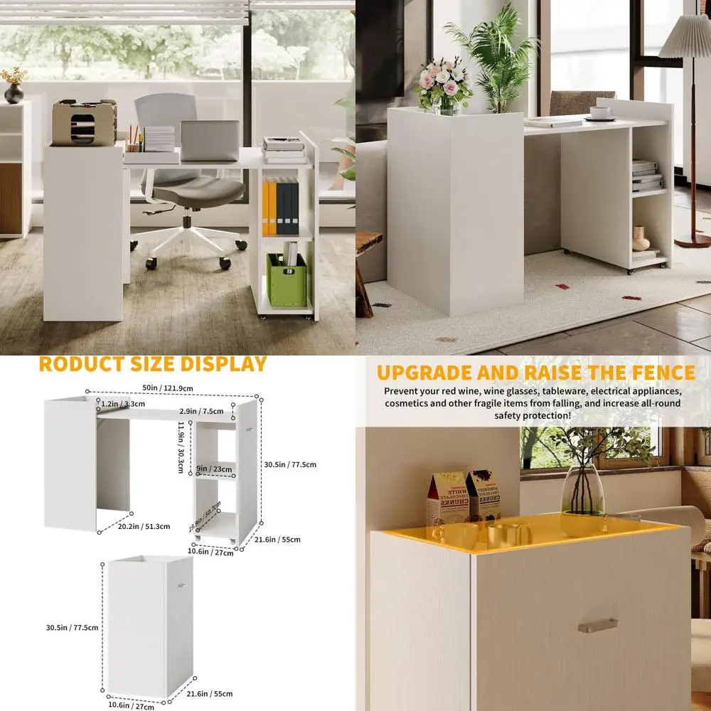 โต๊ะพับสำนักงาน โต๊ะขยายได้ 50 นิ้ว โต๊ะทำงานอเนกประสงค์สำหรับบ้าน ตู้เก็บของ 10 นิ้ว พร้อมชั้นวาง 3 ชั้นและล้อเลื่อน