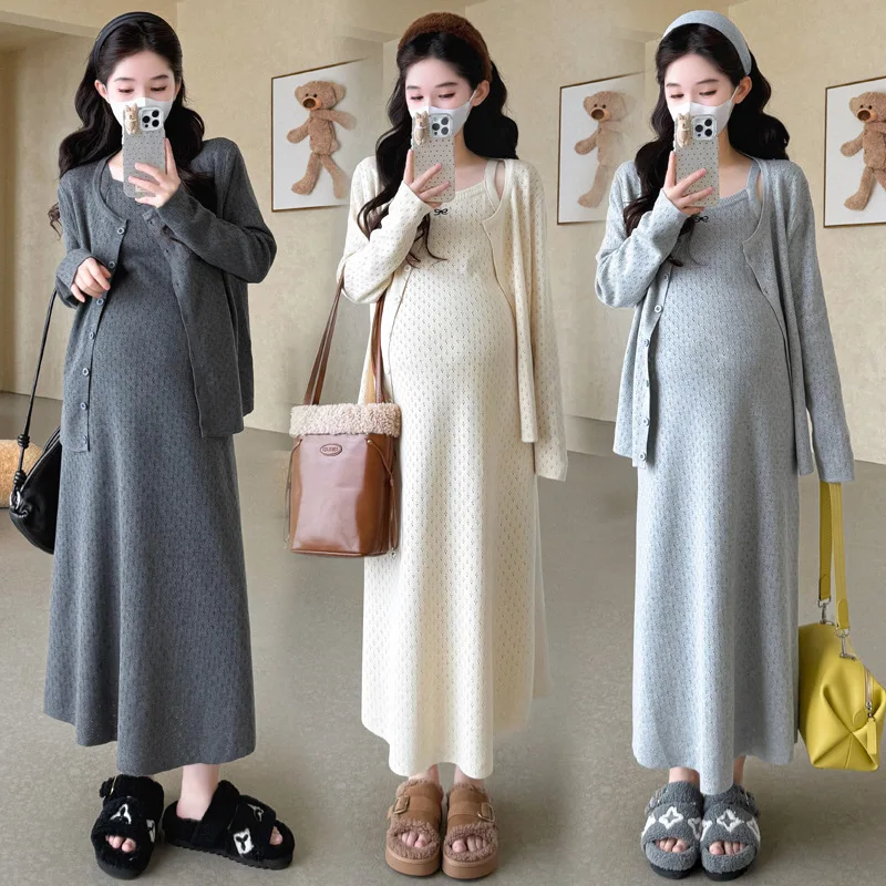 2025 Set gravidanza in stile coreano Autunno Cardigan in maglia con fiocco in pizzo Abito senza maniche Abito a due pezzi Elegante abbigliamento premaman chic