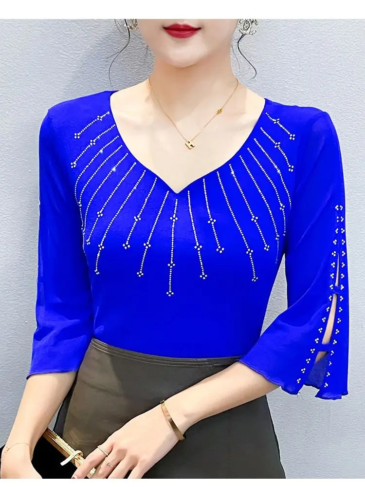 Damen V-Ausschnitt Mesh-Tops 3/4 Ärmel Sommer-Oberteil Lässiges Einfarbiges Transparentes Figurbetontes T-Shirt mit Strass
