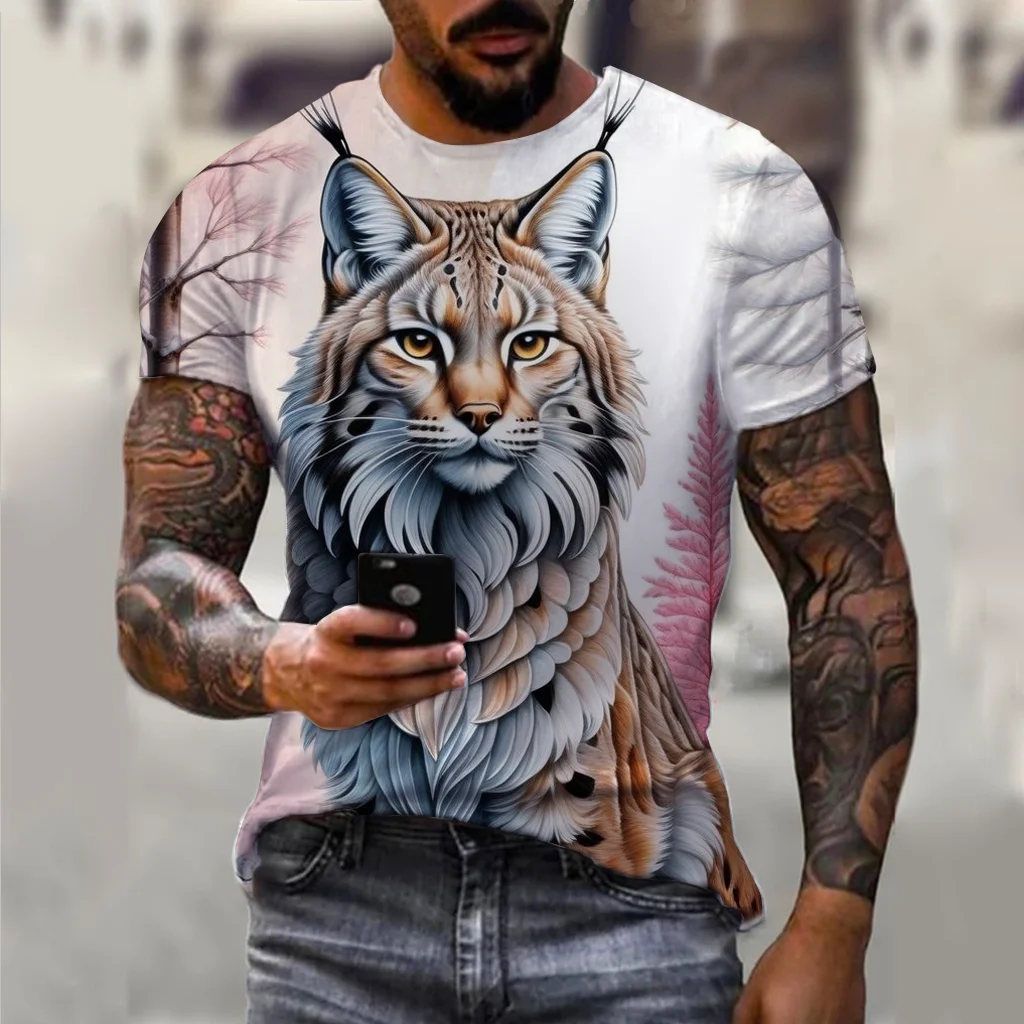 2024 summer new men\'s summer men\'s casual t-shirt 3d printed lynx bobcat print unisex short-sleeved fashion trend home wear