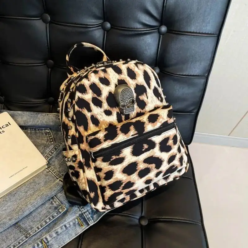 Haruku Leopard Gothic Skull Rivet Mini Backpack Design Women Casual Travel Bags Sweet Cool Y2k Aesthetic Punk Schoolbag
