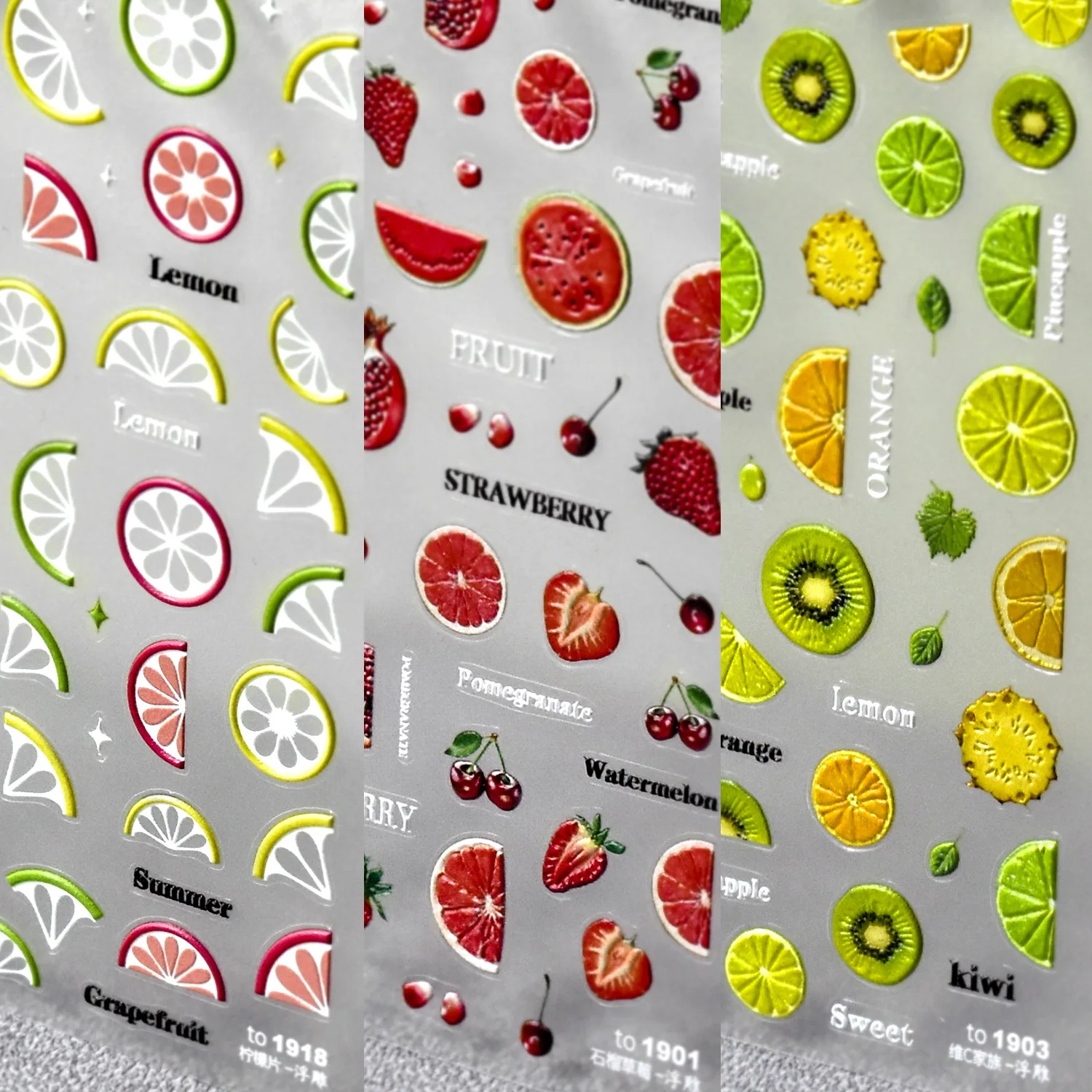 Large Summer Fruit Pomegranate Strawberry Kiwi Orange Lemon Adhesive Nail Art Stickers DIY Manicure Decoration T-1901