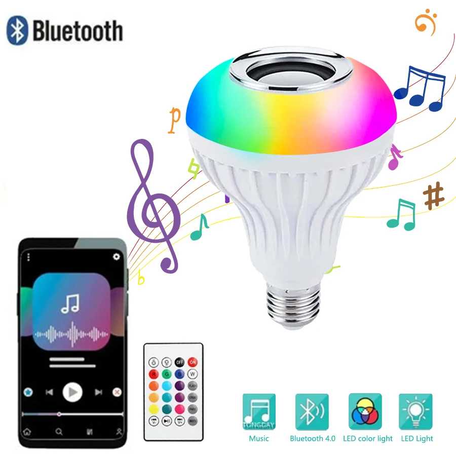 RGB Bluetooth Speaker Music Lamp Colorful Stage Light Bulbs E27 LED Bulb Wireless Remote Control with Stereo Disco Party Light