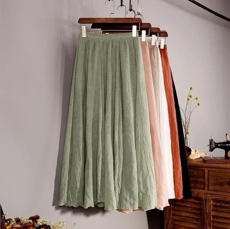 

Fashion Vintage Linen Maxi Skirt Women's Clothing Solid Color Long Casual Cotton Beach Skirts Ladies Pleated Boho Empire A-Line