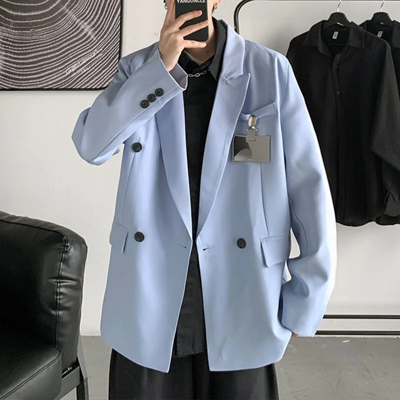 And Japanese Korean Style Suit Coat Men's Casual Coats 2022 New Spring Trend Loose Blue Black Double Breasted Blazer 2Y2202