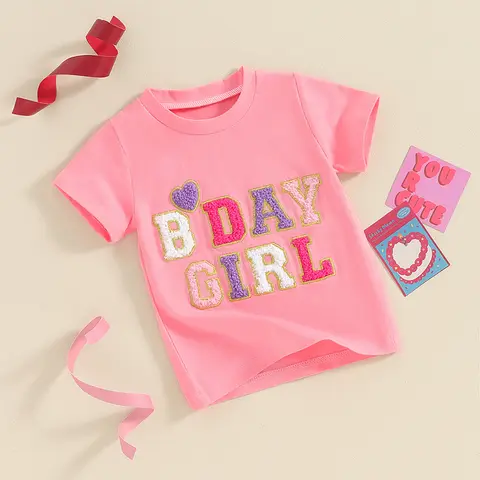 Födelsedagströjor för barn med broderade bokstäver, rund halsringning, korta ärmar och avslappnade sommartröjor för småbarn 10 best sales tröja för babyflicka - №5