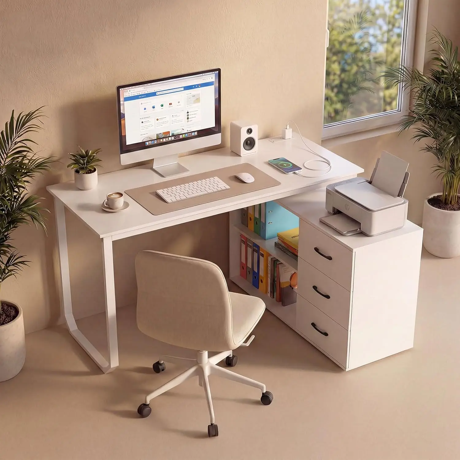 Reversible L Shaped Computer Desk with Drawers & Power Outlet, Home Office Gaming Workstation, 55 Inch, Customized
