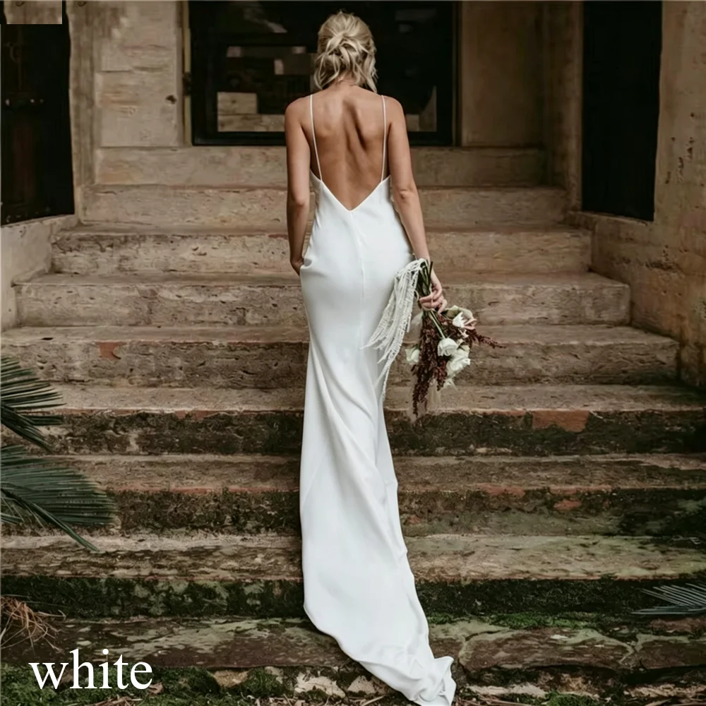 Customized Simple Mermaid Wedding Dresse Sexy Backleess Elegant Spaghetti Strap Satin Bridal Gowns V-neck Beach Vestido De Noiva image 3