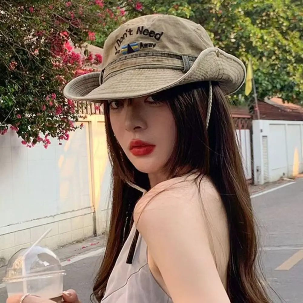 

Windproof Vintage Washed Denim Hat Wide Brim Sunscreen Western Cowboy Hats Letter Embroidery Drawstring Adjustable Sun Hats