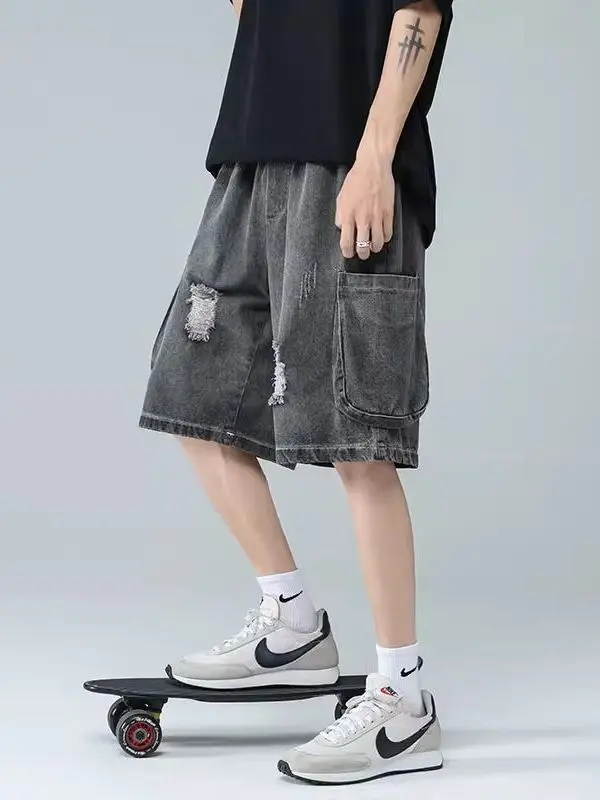 

American Retro Hole Denim orts Men Summer Trend Brand Thin Loose Five orts Trendy Casual Loose Mid-Pants