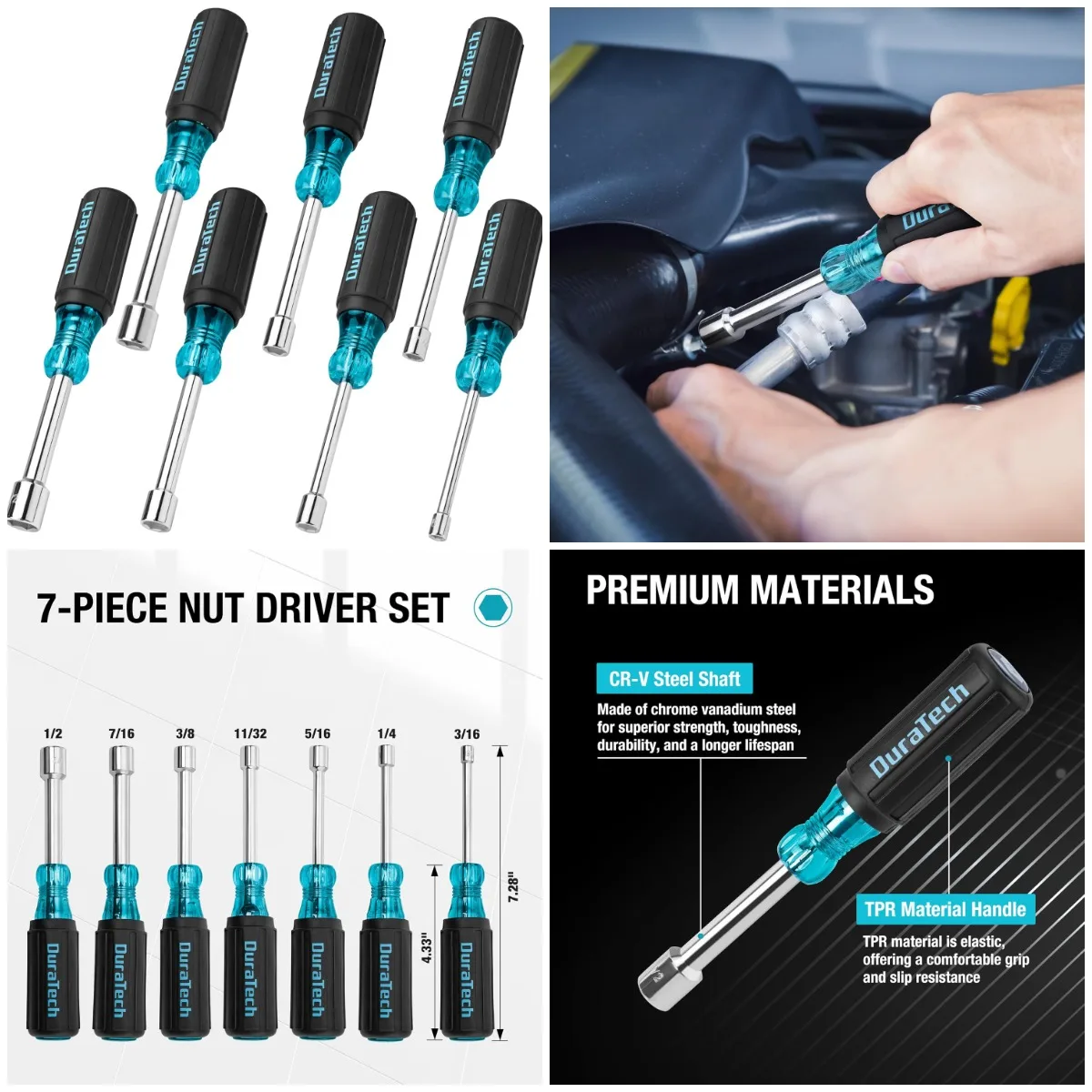 

7 PCS SAE Nut Driver Set, Chrome Vanadium Steel, 3/16 to 1/2-Inch, Hollow Shaft, Non-Slip Handles