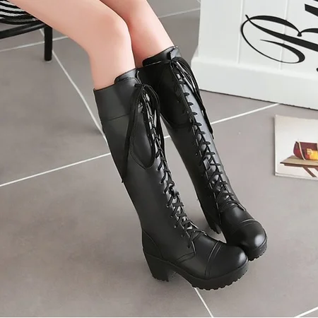 2024 Hot Sale Spring Autumn Lacing Knee High Boots Women Fashion Square Heel Belt Buckle Ladies Leather Shoes Winter Size 34-43