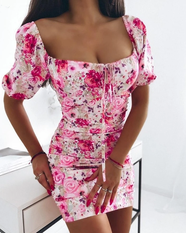 

Sexy Skinny Dresses 2024 for Women's Spring Summer Scoop Neck Short Sleeve Floral Print Tied Detail Mini Pancil Dress