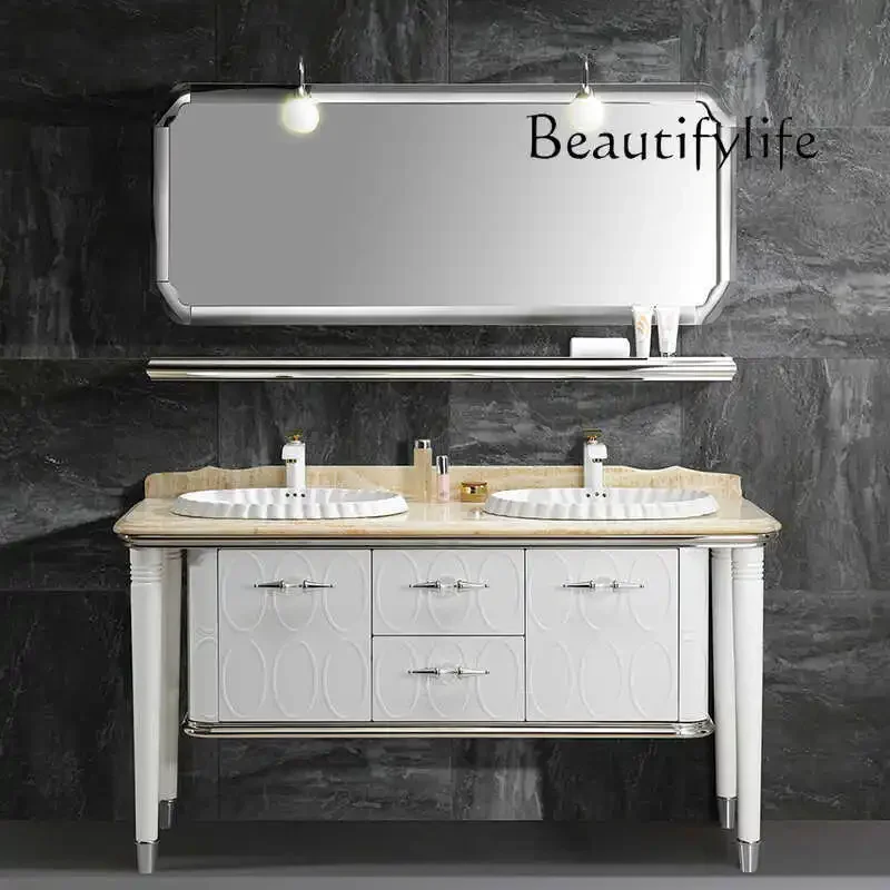 Design French floor to ceiling bathroom cabinet retro stainless steel washbasin cabinet custom double basin marble