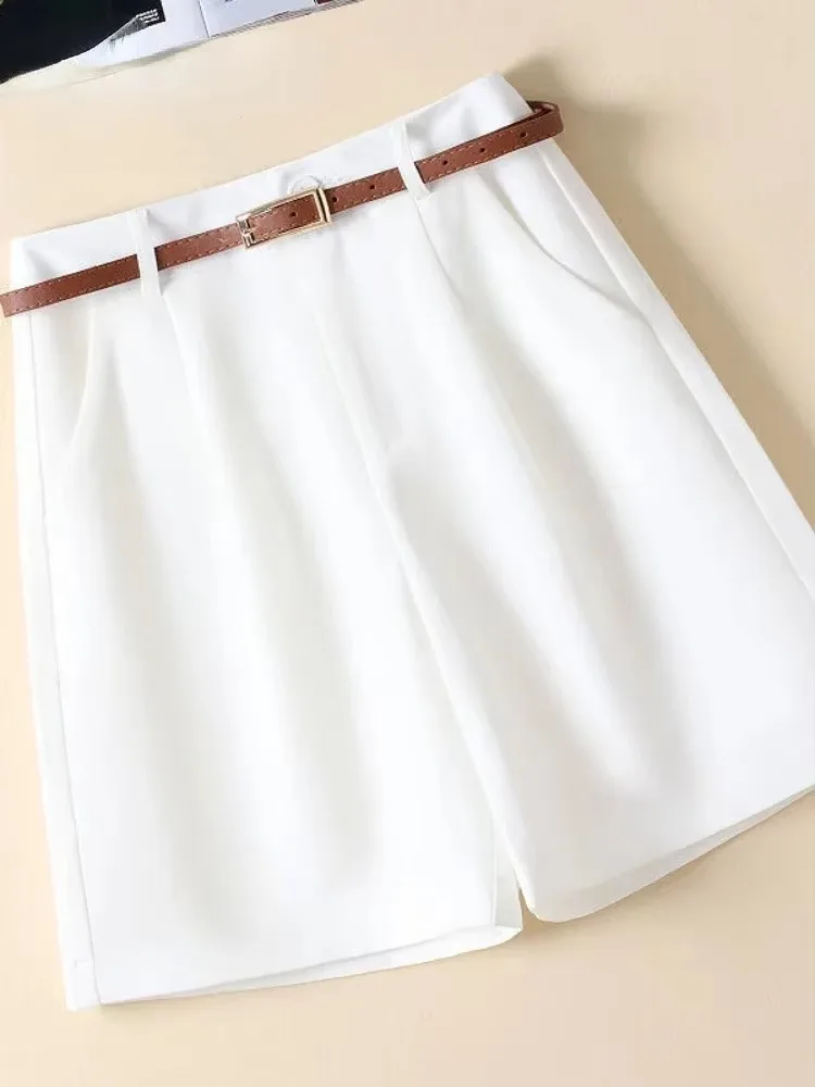 Women's Shorts Solid Casual Loose Summer Ventilate Shorts for Women High Waisted Add Belt Fashion Cotton Linen Short Pants Women