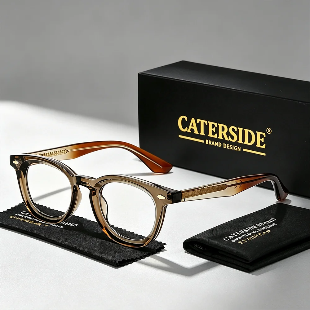 CATERSIDE Classic Men Blue Light Glasses Round Thick Frame Propionate Pin Temple Glasses Women Daily Home Protection Eyewear