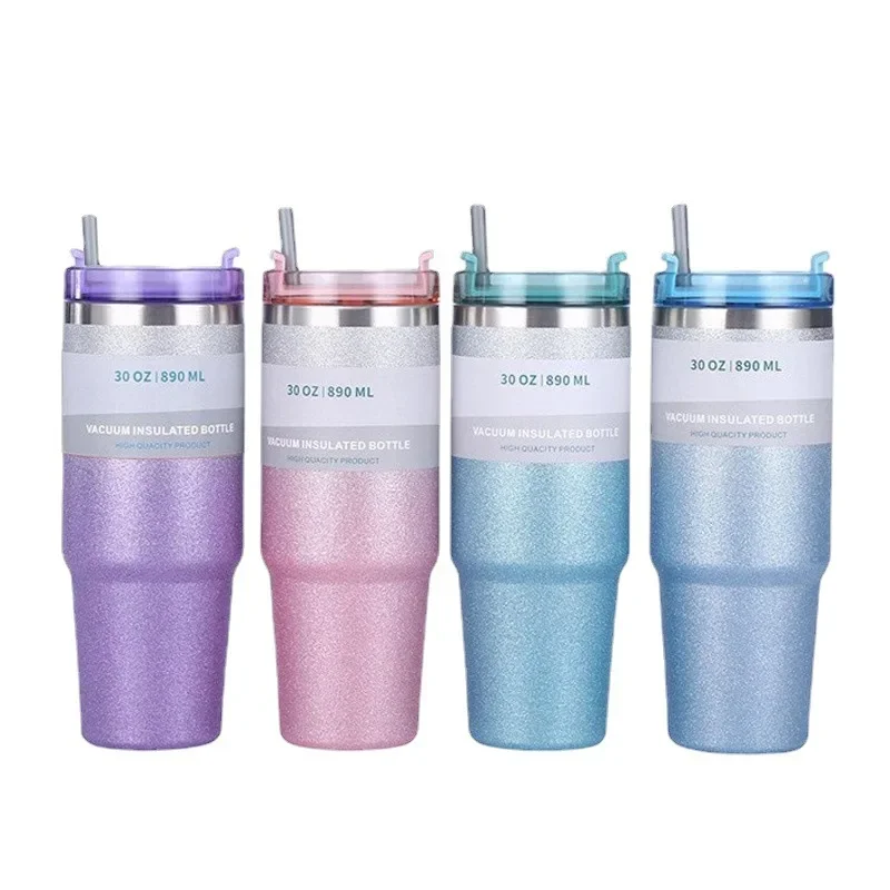 

New coffee cup Diamond paint stainless steel thermal insulation cold straw cup sports car large capacity coffee ice bully cup