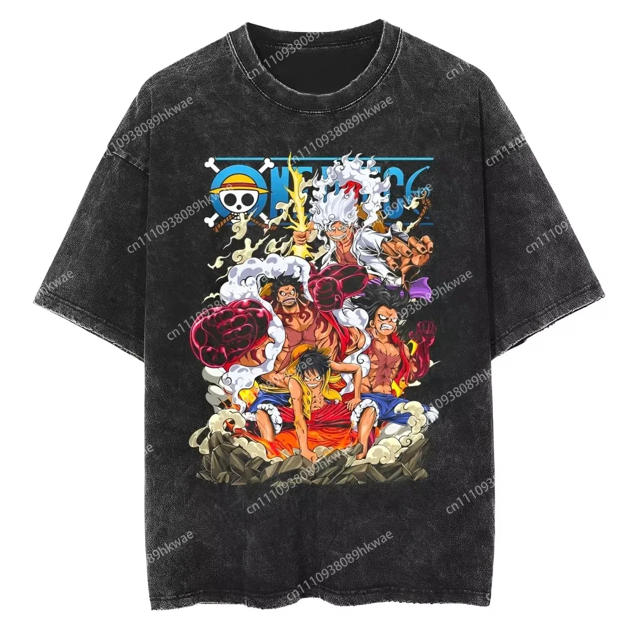 ONE PIECE Nika Form Luffy Anime Oversize High Street Vintage Washed Old Short Sleeve T-shirt Men's Summer
