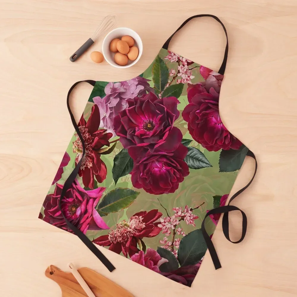 

Antique Green Botanical Flower Rose Garden Apron Chef Uniform waterproof for women Kitchen Items Chef Accessories Apron