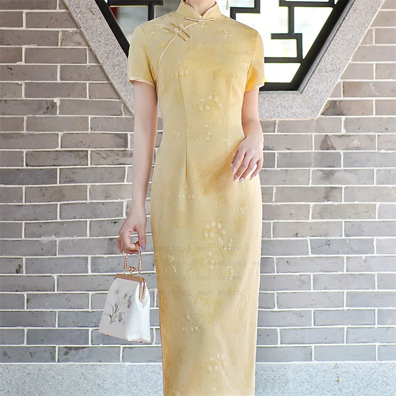 Chinese Style Princess Dress Yellow Jacquard Qipao Improved Chesongam Women Summer Autumn Costume Vintage Qipao Dress Oversize