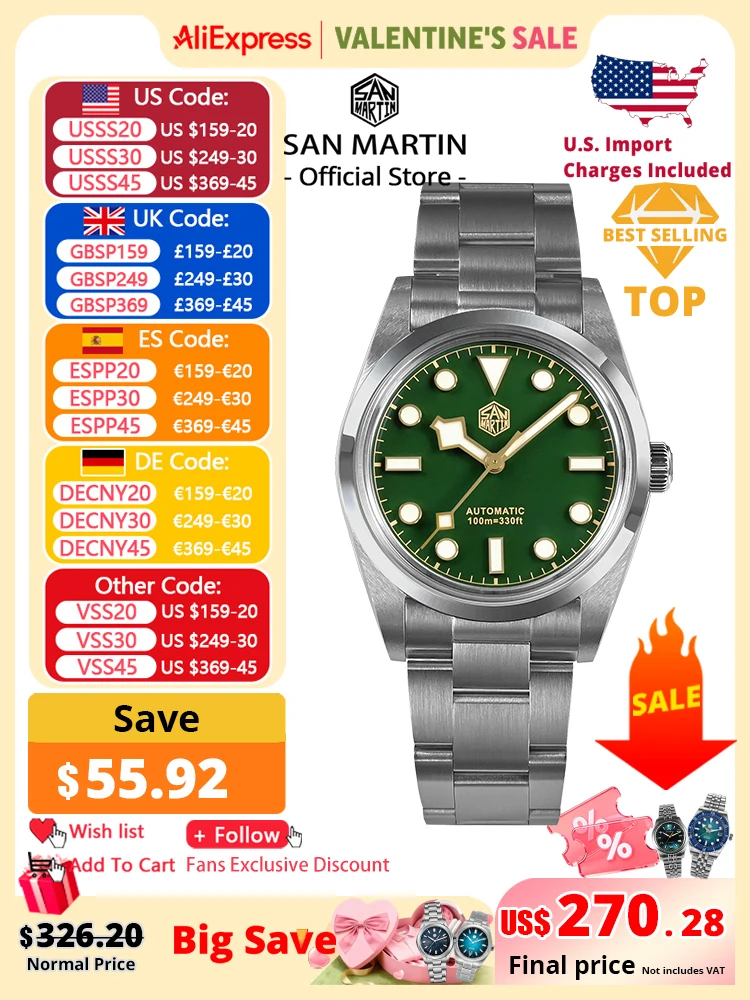 

San Martin Vintage 36 мм BB36 Explore Climbing Series Роскошные мужские часы для пар Спортивные часы Автоматические механические 10 бар Relogio