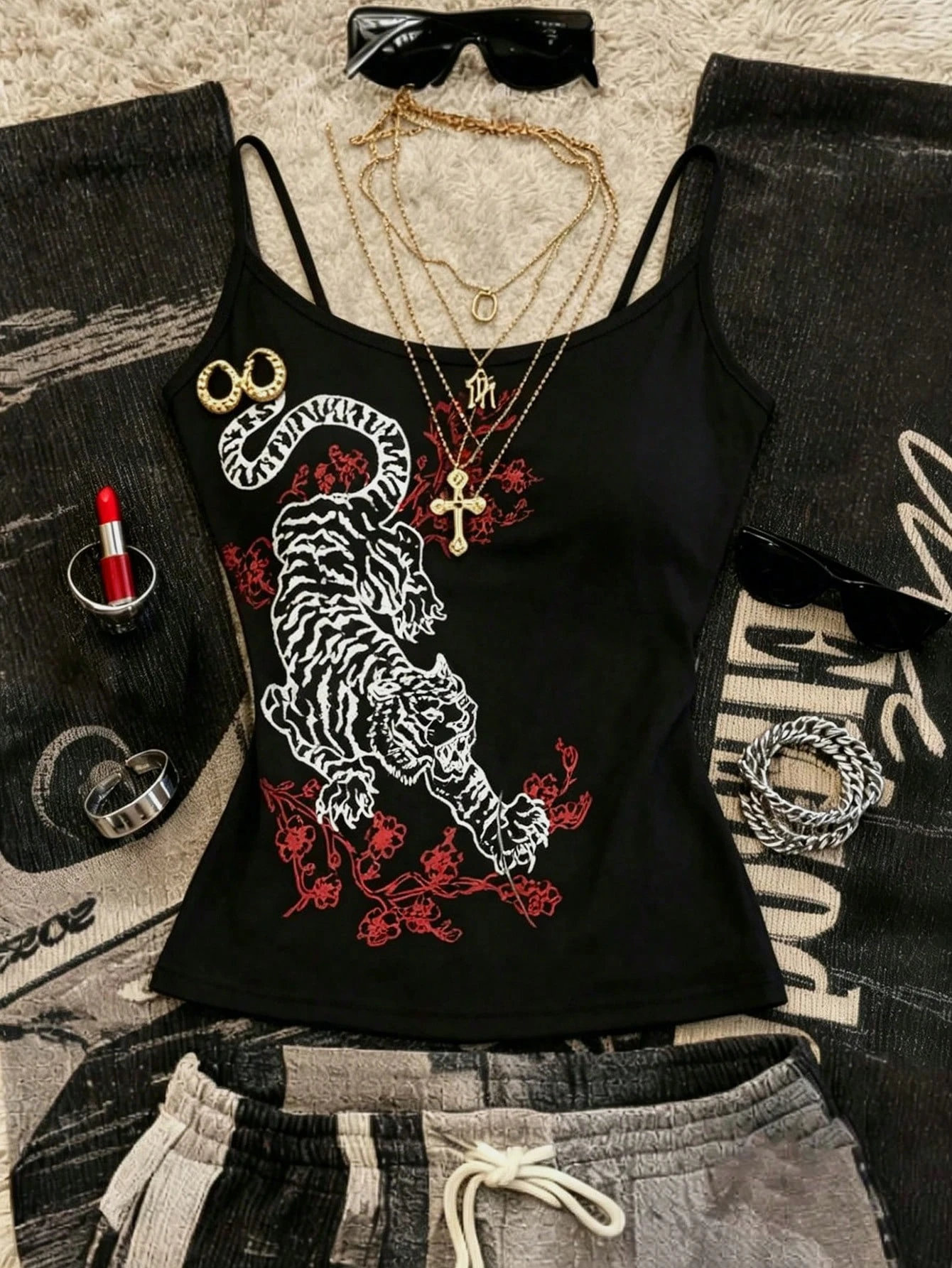 Y2K Oriental White Tiger Floral Graphic Camisole Streetwear Sleeveless Bodycon Vest