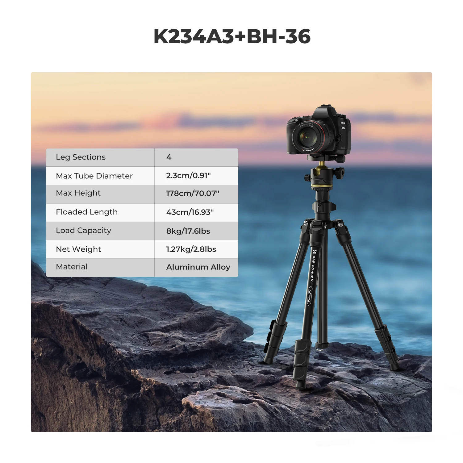 K&F Concept KA234A3 70.07 Inch Camera Tripod Portable Aluminum Travel Tripod with BH-36 360 Degree Panorama Ball Head for DSLR