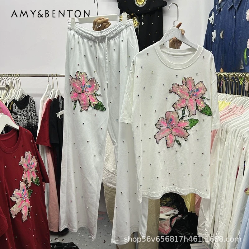 

Heavy Industry Ladies Embellished Sequin 3D Flower Loose Short Sleeved T-shirt Top And Long Pants Two-Piece Suit Kawaii Clothes