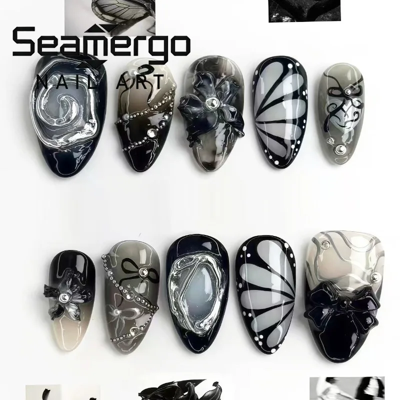 24PCS Dark Black Gradient 3D Flowers Almond False Nails Gothic Bow Silver Spiral Patterns French Ins Nails Press on Full Cover